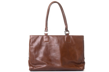 brown leather female bag on a handle on a white background