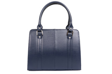 leather female blue bag on the handle on a white background