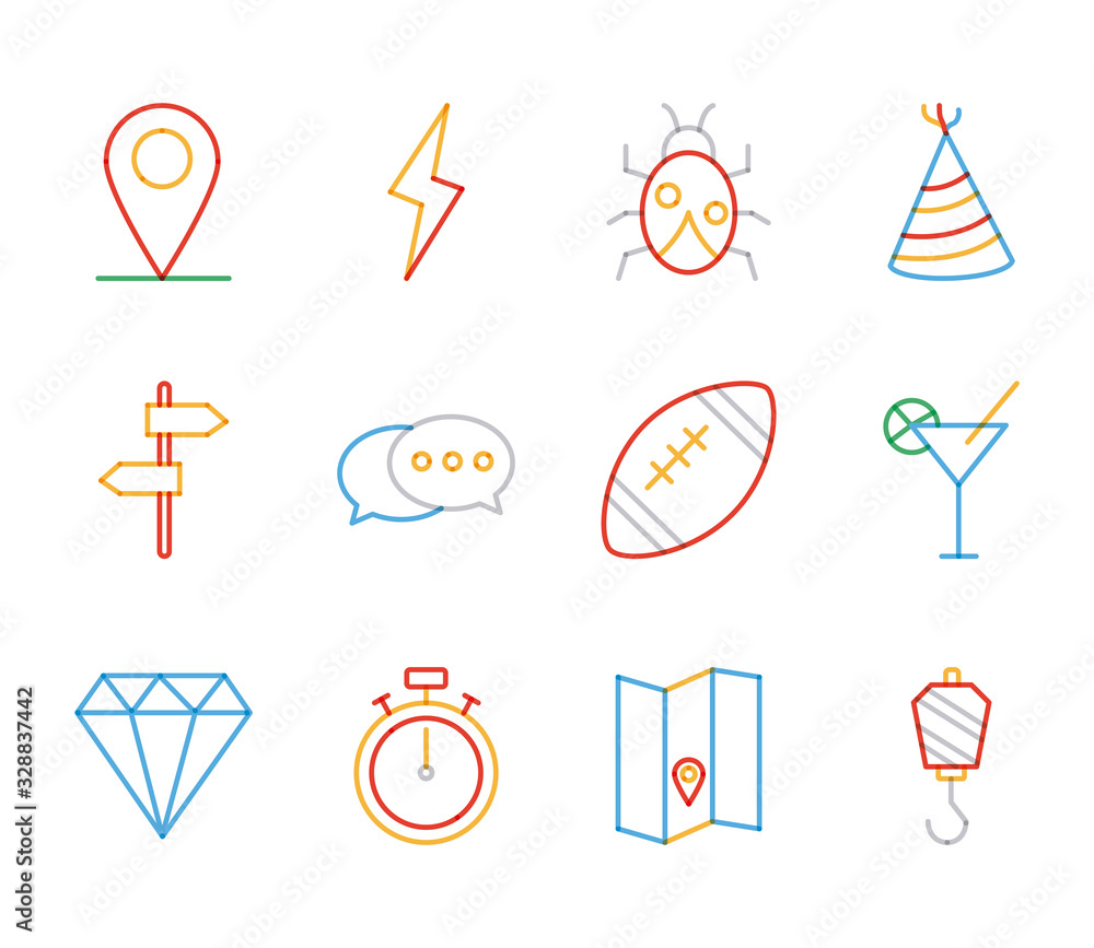 Poster objects multiply line style icon set vector design