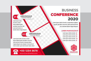 Horizontal layout for advertising brochure with red and black colors element. Leadership , Business or Corporate Conference Flyer Design, with white color background. Square space for photo collage. 