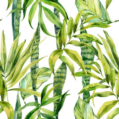 Watercolor seamless pattern, palm leaves, sansevieria flower, houseplant, watercolor painting, botanical illustration, floral design. Fabric wallpaper print texture.