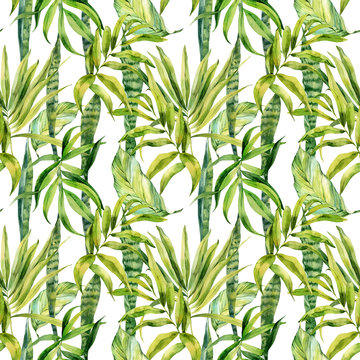 Watercolor seamless pattern, palm leaves, sansevieria flower, houseplant, watercolor painting, botanical illustration, floral design. Fabric wallpaper print texture.
