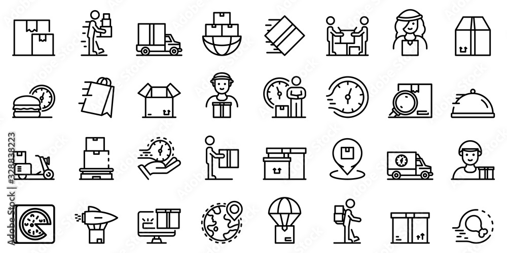 Poster courier icons set. outline set of courier vector icons for web design isolated on white background