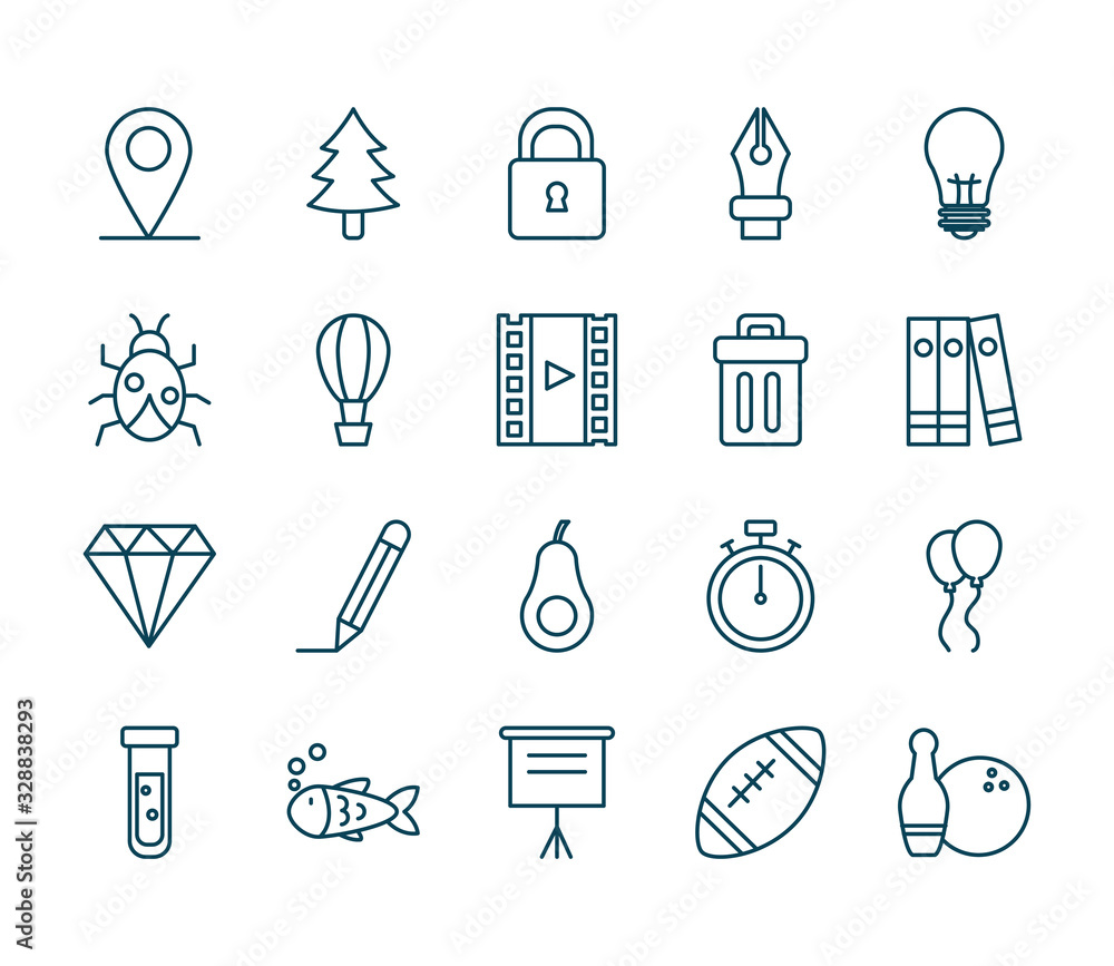Poster objects line style icon set vector design