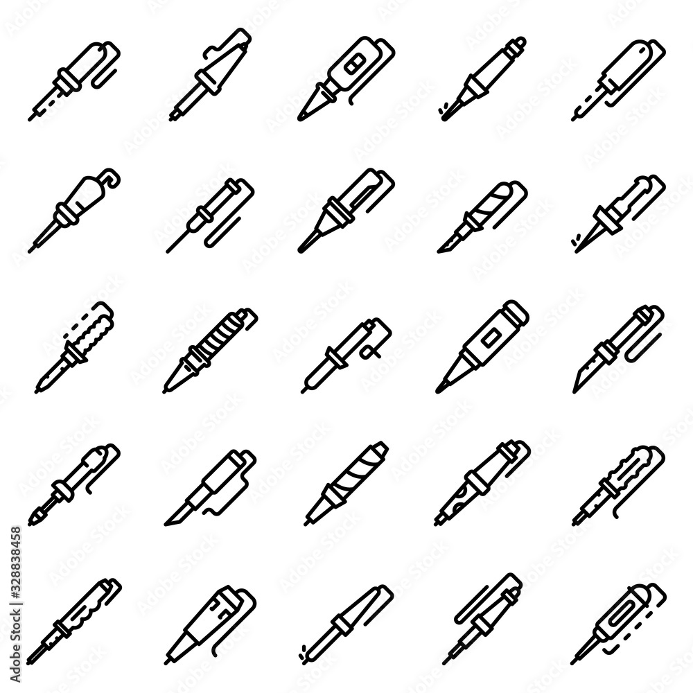 Poster soldering iron icons set. outline set of soldering iron vector icons for web design isolated on whit