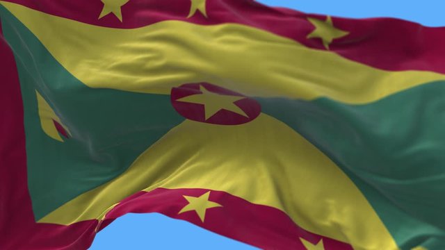 4k Grenada National flag slow loop seamless waving with visible wrinkles in wind blue sky background.A fully digital rendering-animation loops at 20 seconds.
