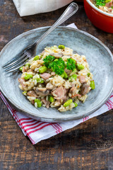 Bacon and mushroom risotto with edamame beans