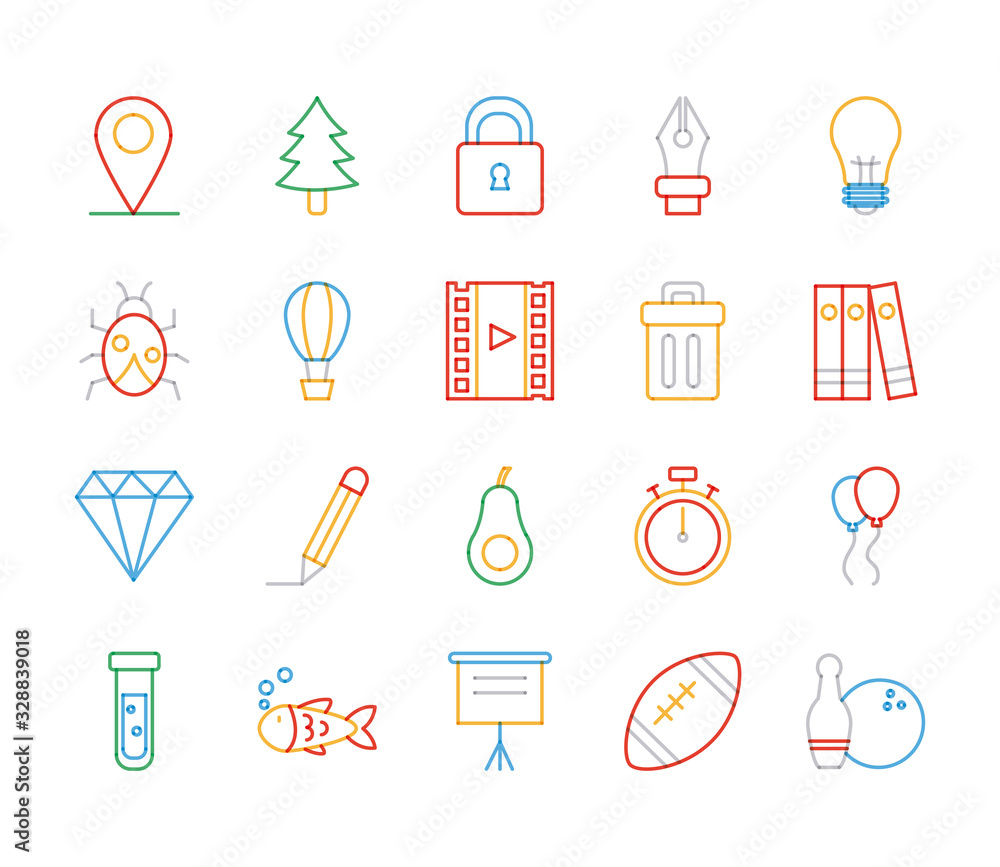Poster objects multiply line style icon set vector design