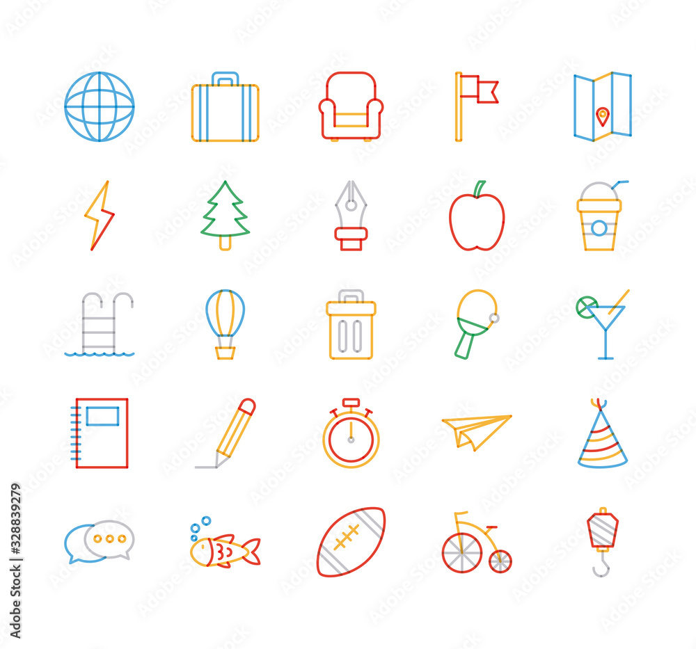 Poster objects multiply line style icon set vector design