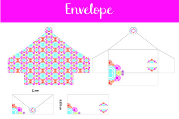 envelope stationery design with ornament design on the front and theme pattern on the inside