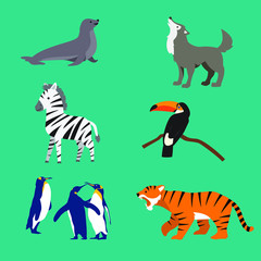 Set Cute of tiger, toucan, zebra, wolf, penguin and seals animal with cartoon flat style
