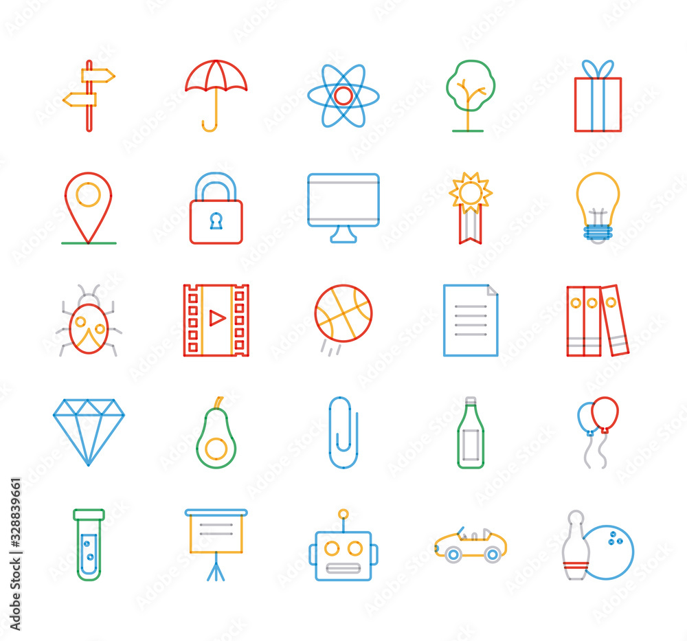 Poster objects multiply line style icon set vector design