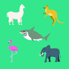 Set Cute of llama, flamingo, kangaroo, shark and elephant animal with cartoon flat style