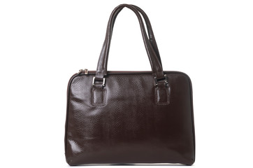 brown leather female bag on a handle on a white background