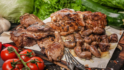 Food banner. Assorted kebabs of lamb and chicken. Food still life with meat, sauces, vegetables, herbs and spices.