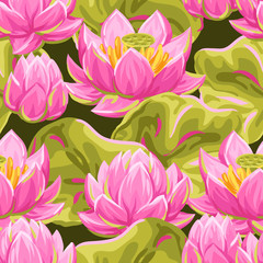 Seamless pattern with lotus flowers. Water lily decorative illustration.