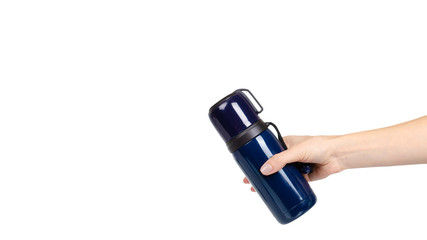 Dark blue thermos with mug. Isolated on white.