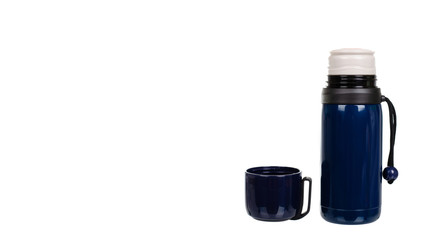 Dark blue thermos with mug. Isolated on white.