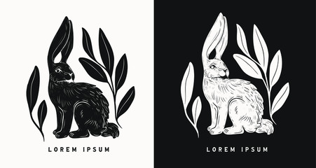 Easter rabbit isolated vector illustration in linocut style. Vintage stamp design of a bunny for print. Use for your creative graphic design projects, lithographs, postcards, invitations, tattoos.