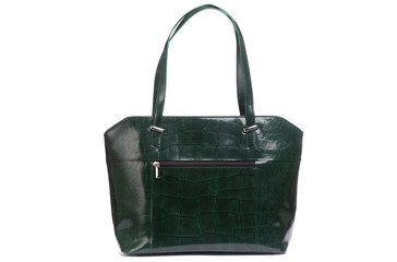 elegant green women’s leather bag isolated on white background
