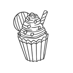 Illustration of a muffin with chocolate chips, cookies and a sweet straw. Hand drawn coloring with cupcakes, cakes, candies in doodle style isolated on white background.