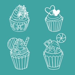 A set of muffins with a variety of fillings and decorations for the holiday. Hand drawn coloring with cupcakes, cakes, candies in doodle style isolated on white background.