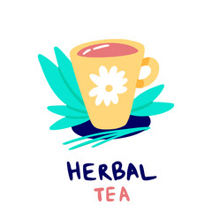 Chamomile, herbal tea. Mug with print on the background of leaflets. Hand-drawn illustration in bright doodle style for design. Elements isolated on white background.