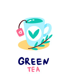 A mug of green tea with a bag and a sprig on a yellow plate. Hand-drawn illustration in bright doodle style for design. Elements isolated on white background.