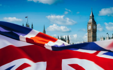 Fototapeta premium United Kingdom flag and Big Ben. London background. 