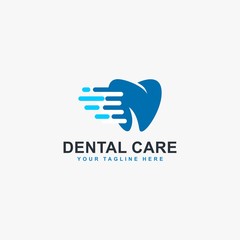 Obraz premium Dental clinic logo design. Dental care sign symbol. Blue tooth with fast icon vector. 