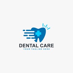 Dental clinic logo design. Dental care sign symbol. Blue tooth with fast and medical cross icons vector. 