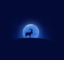 Silhouette of a ram on a blue background. Beautiful vector illustration of a wild horned animal. Moon, clouds, mist.