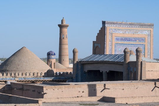 View at Itchan Kala (old or inner town), one of the most popular toristic attraction in the city. Khiva, Uzbekistan, Central Asia.