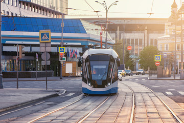 Modern tramway on the central town street. Moscow. Russia,