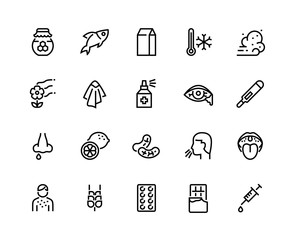 Allergy line icons. Sneeze, cough, high temperature and rash allergic reaction on peanuts, gluten, fish, flowers, dust and chocolate. Vector editable strokes with image humans allergies