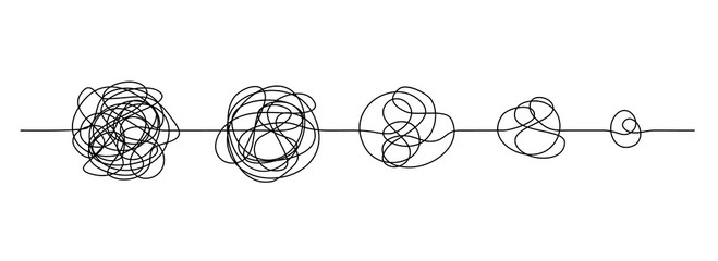 Doodle line knot. Messy hand drawn lines, chaos to simplicity and confusion to clarity concept. Vector illustration curve idea, thought process and multiple solutions