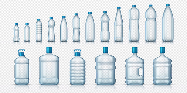 Empty plastic bottles. Realistic transparent container for water or liquids, isolated 3D mockups for advertising. Vector set illustrations containers for global beverage packaging on white background