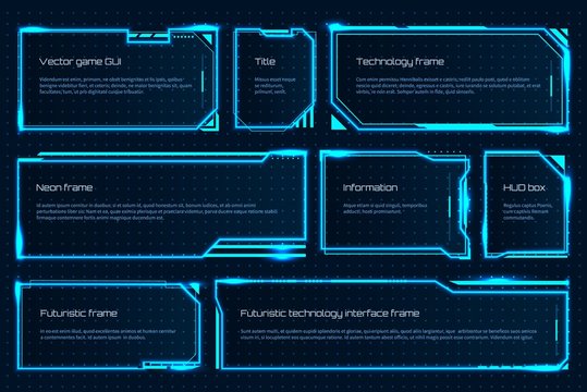 HUD game element. Futuristic tech screen template with text messages, warning technology frame. Vector attention interface hologram for gaming space management