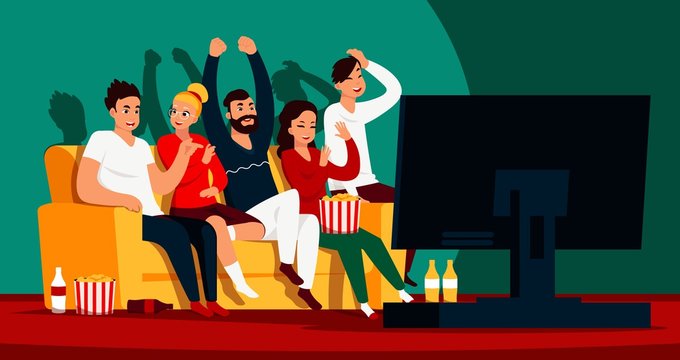 Friends watching TV. Cartoon happy characters sitting on sofa and watching movie or show on streaming service. Vector image friends spending time together looking film or football