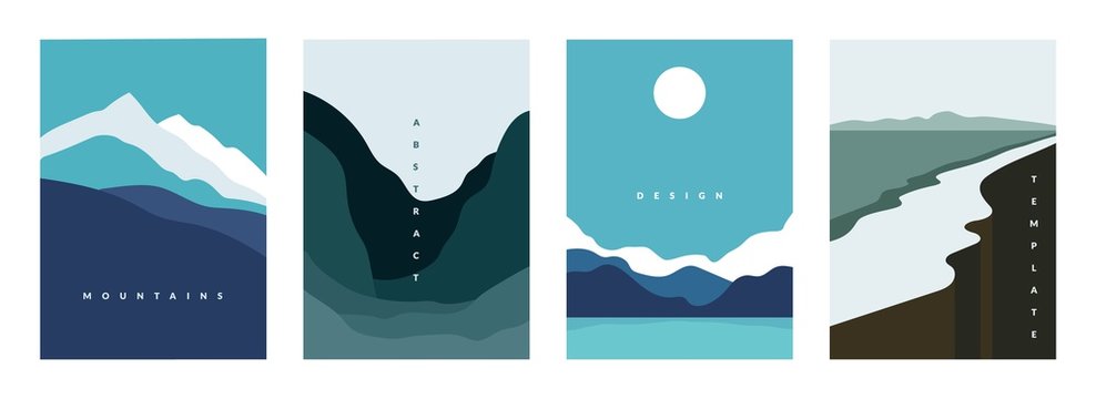 Mountain abstract poster. Geometric landscape banners with hills, rivers and lakes, minimalist nature scenes. Vector illustration graphic flyers with flows and curved stream