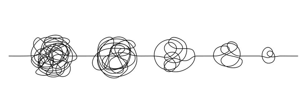 Doodle line knot. Messy hand drawn lines, chaos to simplicity and confusion to clarity concept. Vector illustration curve idea, thought process and multiple solutions