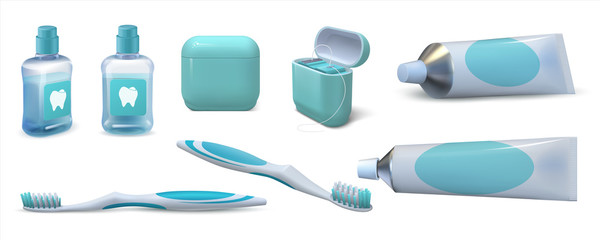 Realistic dental care. 3D toothpaste in tube, pair of toothbrushes, mouthwash and dental floss. Vector set of isolated oral hygiene products for cleaning the oral cavity