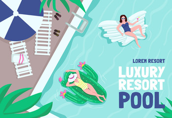 Luxury resort poster flat vector template. Private hotel pool. Woman sunbathing in air mattresses. Brochure, booklet one page concept design with cartoon characters. Tropical recreation flyer, leaflet