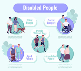 People with disability support flat color vector informational infographic template. Poster, booklet, PPT page concept design with cartoon characters. Advertising flyer, leaflet, info banner idea