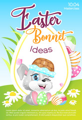 Obraz na płótnie Canvas Easter bonnet poster flat vector template. Christian headcovering workshop. Brochure, booklet one page concept design with hare kawaii cartoon character. Spring holiday flyer, leaflet