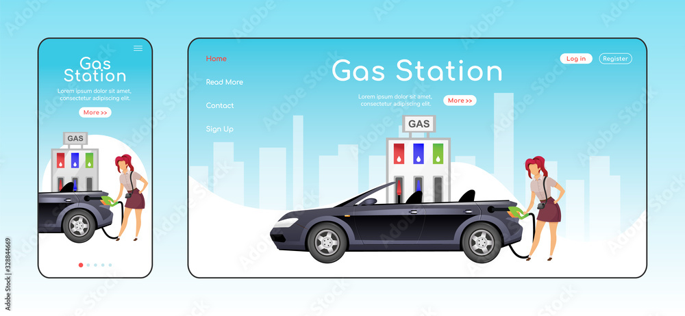 Poster gas station responsive landing page flat color vector template. petrol sale network homepage layout.