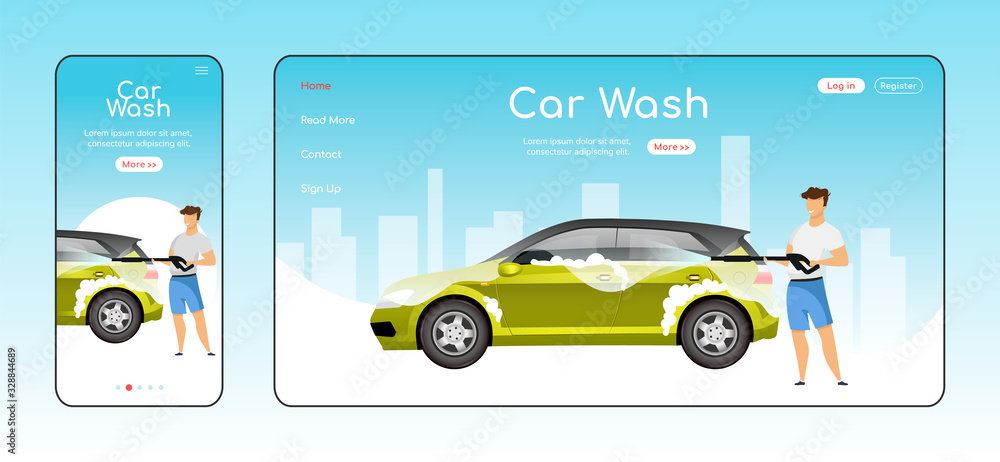 Poster car wash responsive landing page flat color vector template. auto cleaning homepage layout. one page