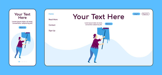Man painting wall adaptive landing page flat color vector template. Construction service mobile and PC homepage layout. Repairman one page website UI. Home repairs webpage cross platform design