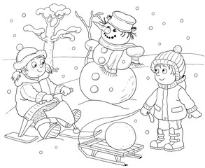 four seasons. Cute boy and girl are playing outdoors. Illustration for children. Coloring book. Cute and funny cartoon characters
