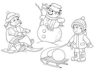 four seasons. Cute boy and girl are playing outdoors. Illustration for children. Coloring book. Cute and funny cartoon characters
